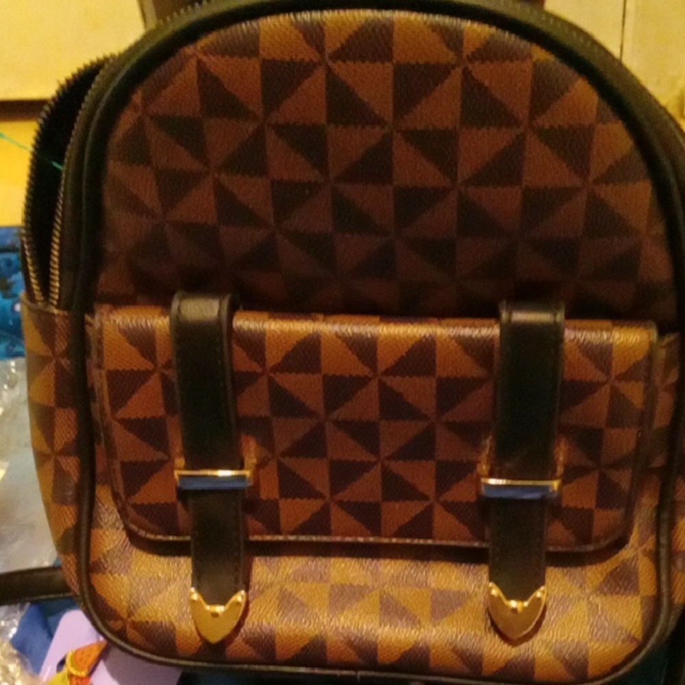 Brown Geometric Pattern Men's Backpack with Gold … - image 1